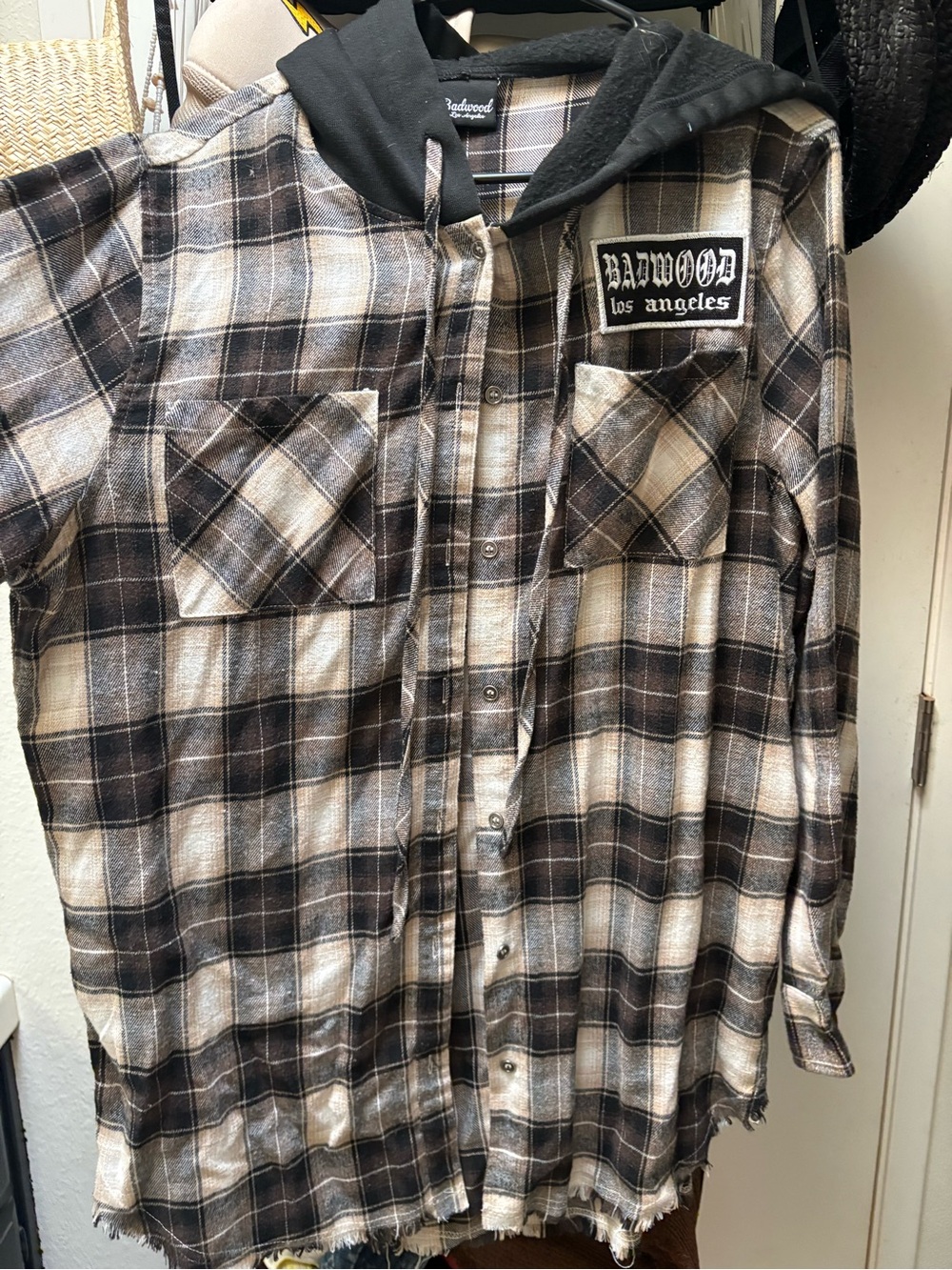 Badwood Black & Cream Plaid Hooded Flannel Shirt